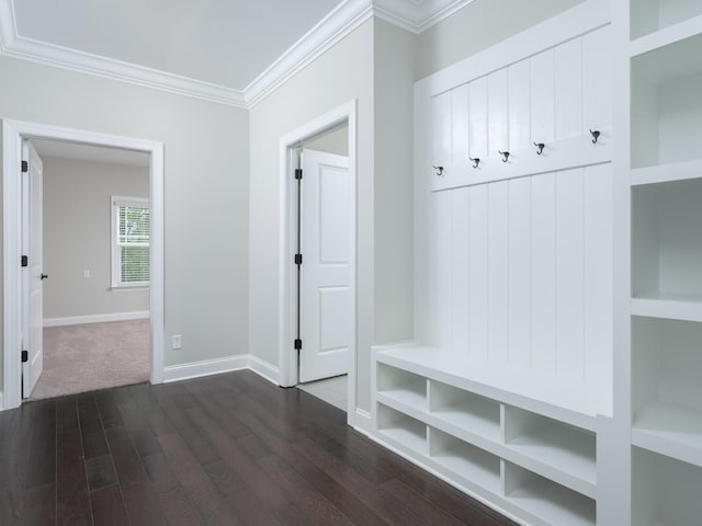 mudroom featuring dark hardwood / wood-style floors and ornamental molding