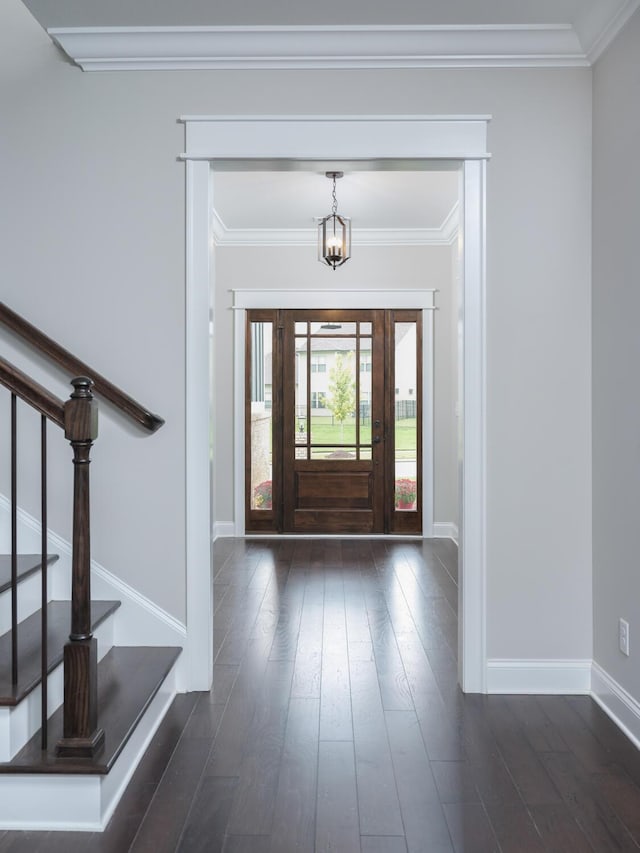 entrance foyer featuring dark hardwood / wood-style floors, crown molding, and a notable chandelier