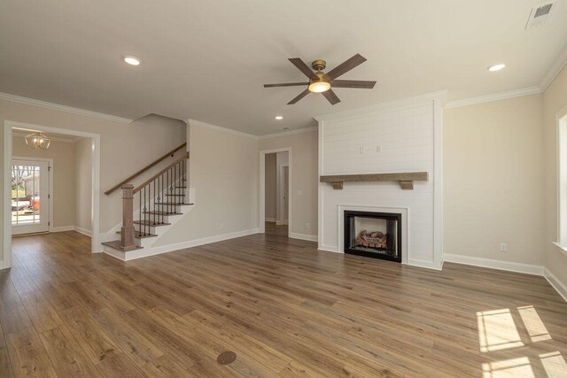9089 Knolling Loop Unit 87, Ooltewah, TN 37363 - unfurnished living room featuring wood finished floors, a ceiling fan, baseboards, stairway, and recessed lighting