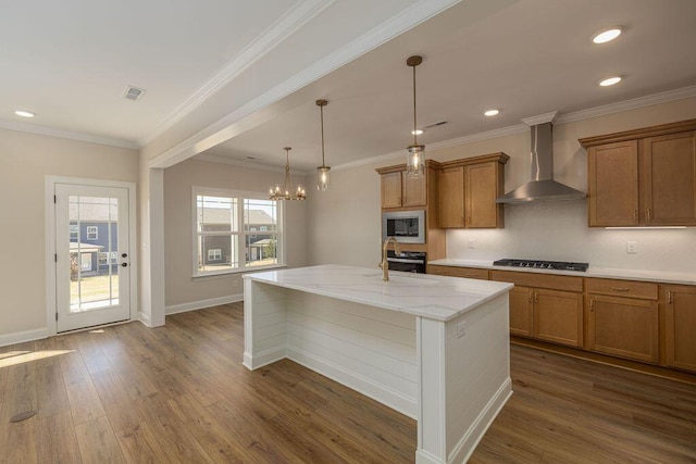 9089 Knolling Loop Unit 87, Ooltewah, TN 37363 - kitchen with wall chimney exhaust hood, stainless steel microwave, gas cooktop, brown cabinets, and wall oven