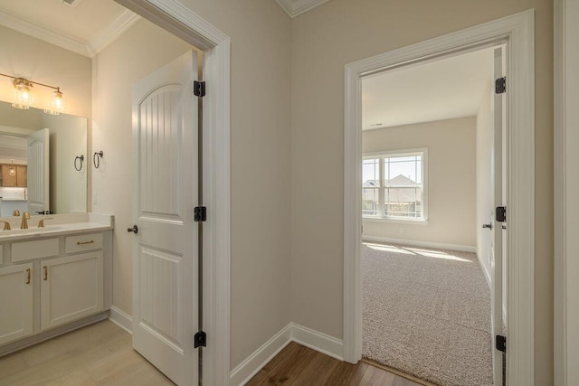 9089 Knolling Loop Unit 87, Ooltewah, TN 37363 - bathroom featuring ornamental molding, baseboards, vanity, and wood finished floors