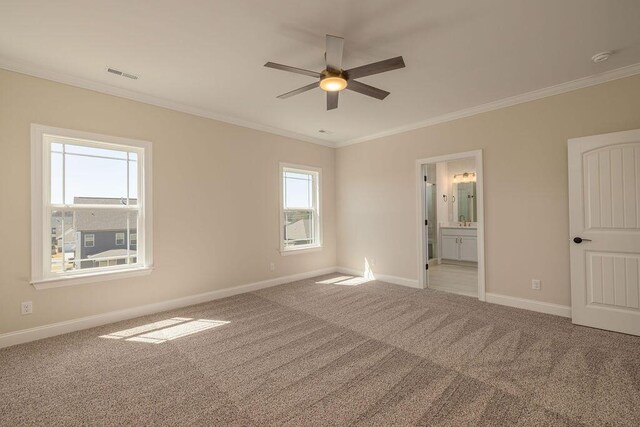 9089 Knolling Loop Unit 87, Ooltewah, TN 37363 - unfurnished bedroom with crown molding, baseboards, carpet floors, ensuite bath, and ceiling fan