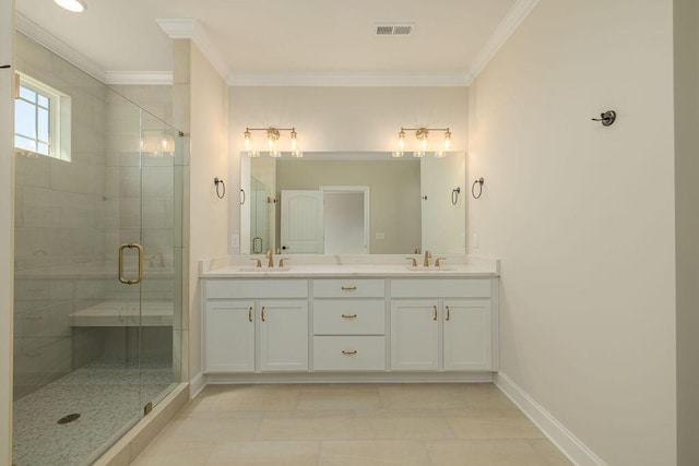 9089 Knolling Loop Unit 87, Ooltewah, TN 37363 - bathroom featuring ornamental molding, a stall shower, double vanity, and baseboards
