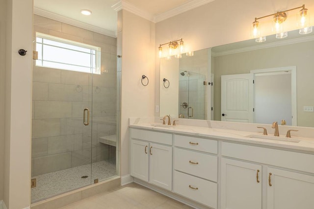 9089 Knolling Loop Unit 87, Ooltewah, TN 37363 - full bathroom featuring ornamental molding, a shower stall, and double vanity