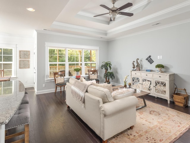 living room with a raised ceiling, ceiling fan, dark wood-type flooring, and ornamental molding