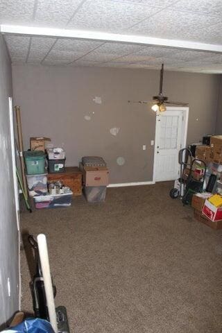 interior space with ceiling fan and carpet floors