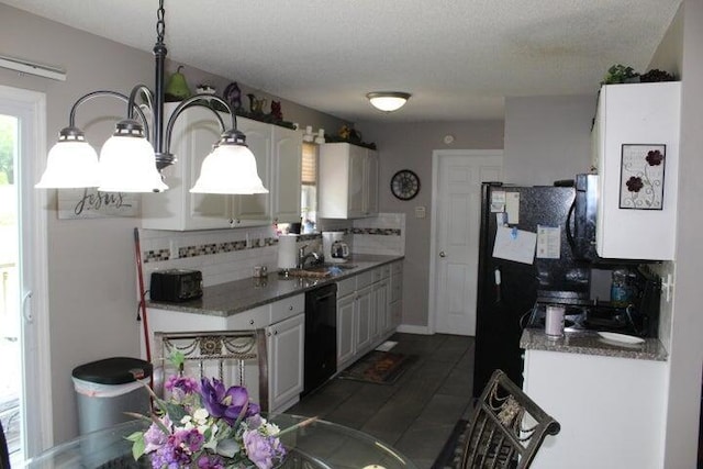 kitchen with backsplash, white cabinets, a textured ceiling, decorative light fixtures, and dishwasher