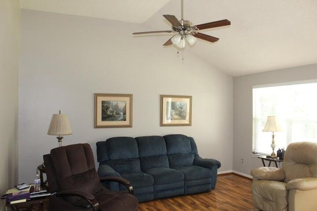 living room with vaulted ceiling, ceiling fan, and dark hardwood / wood-style floors