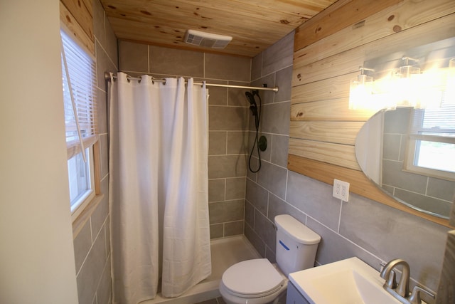 bathroom with toilet, vanity, wooden ceiling, and walk in shower