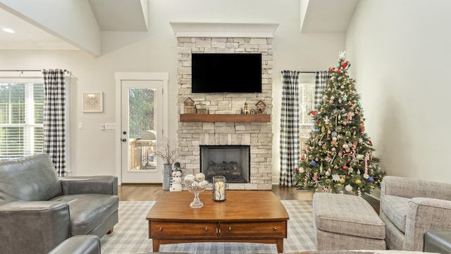 living room with a fireplace and light hardwood / wood-style floors