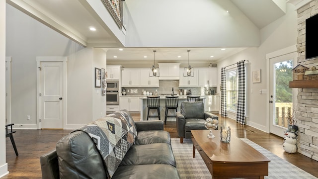 living room with a fireplace, high vaulted ceiling, dark wood-type flooring, and sink