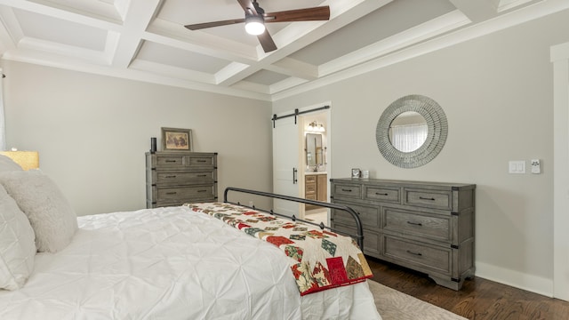 bedroom with coffered ceiling, ceiling fan, a barn door, beamed ceiling, and hardwood / wood-style floors