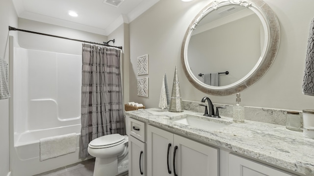 full bathroom with toilet, vanity, shower / tub combo with curtain, and crown molding