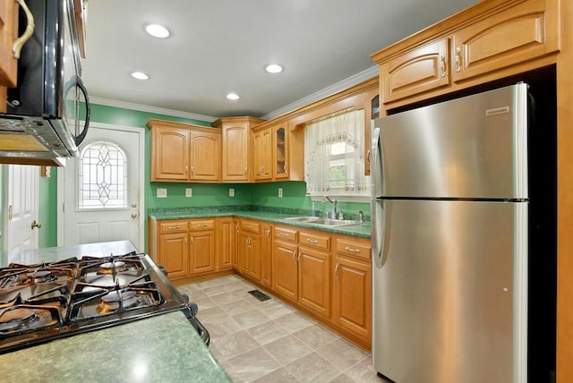 kitchen featuring stainless steel appliances, ornamental molding, and sink