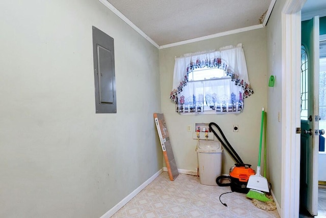 interior space featuring electric panel and ornamental molding