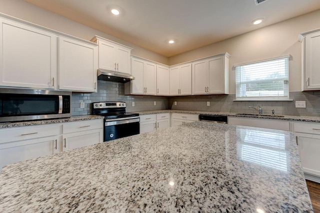 kitchen featuring white cabinets, backsplash, sink, and stainless steel appliances