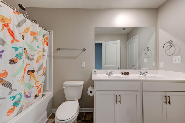 full bathroom featuring shower / bath combination with curtain, vanity, and toilet