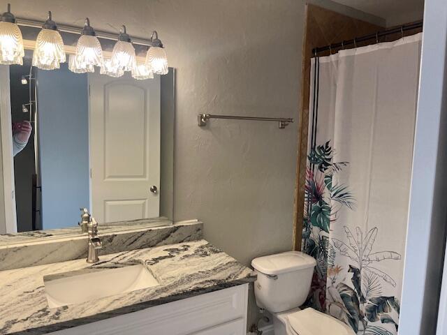 bathroom featuring vanity, toilet, and curtained shower