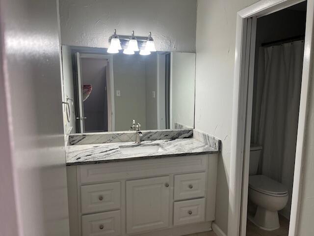 bathroom with vanity, curtained shower, and toilet