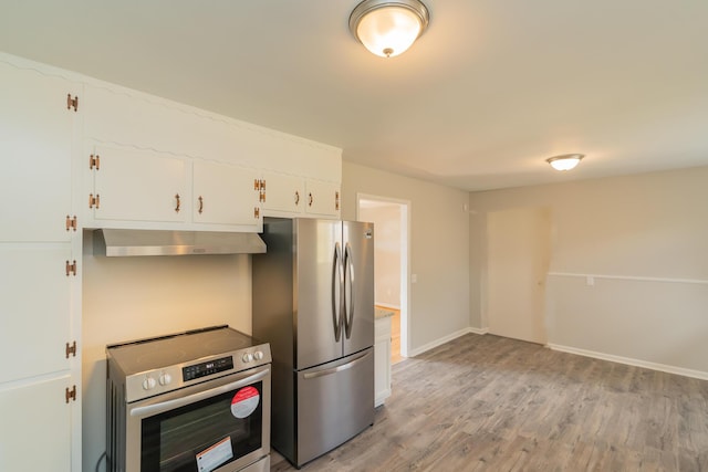 kitchen featuring stainless steel appliances, white cabinetry, ventilation hood, and light hardwood / wood-style floors