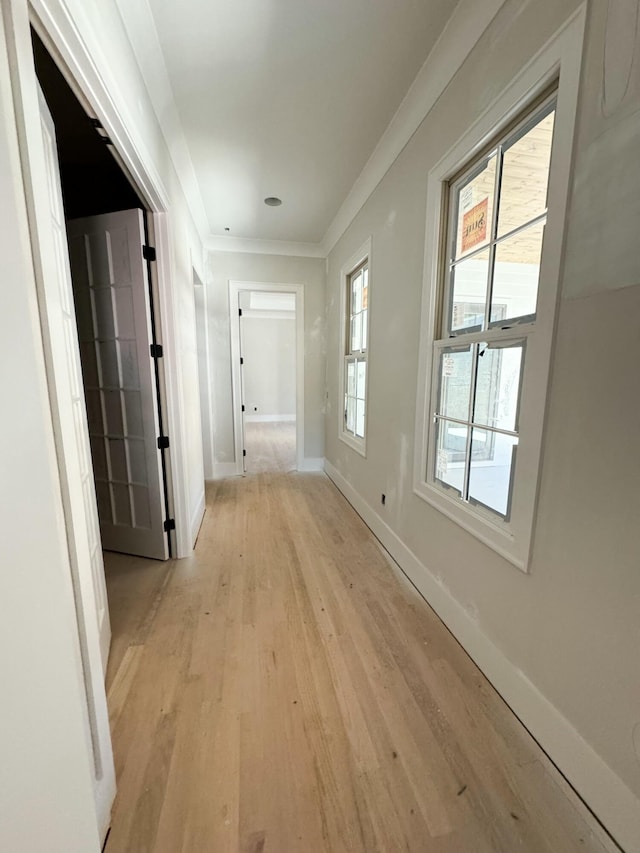 hall featuring light hardwood / wood-style floors and ornamental molding