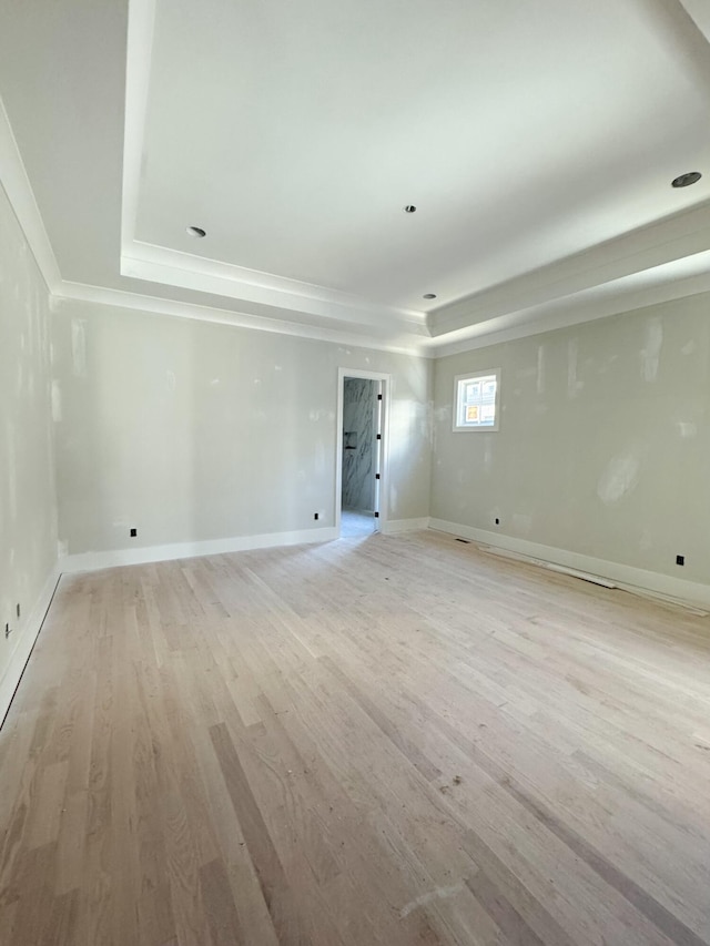 spare room with light hardwood / wood-style flooring and a tray ceiling