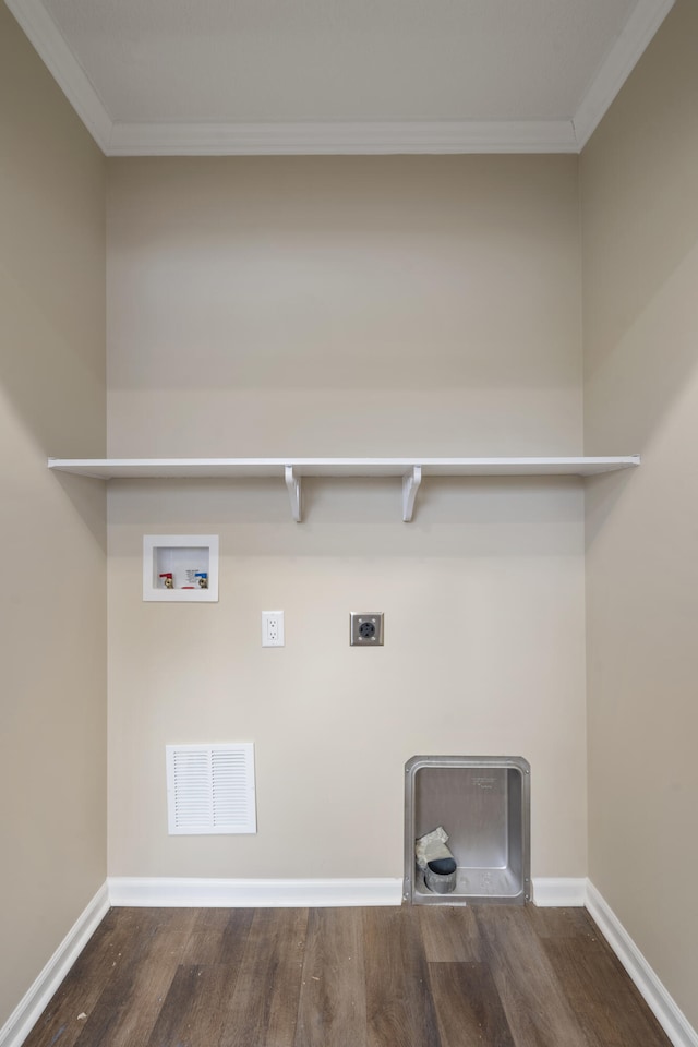 clothes washing area with crown molding, hookup for a washing machine, dark wood-type flooring, and hookup for an electric dryer