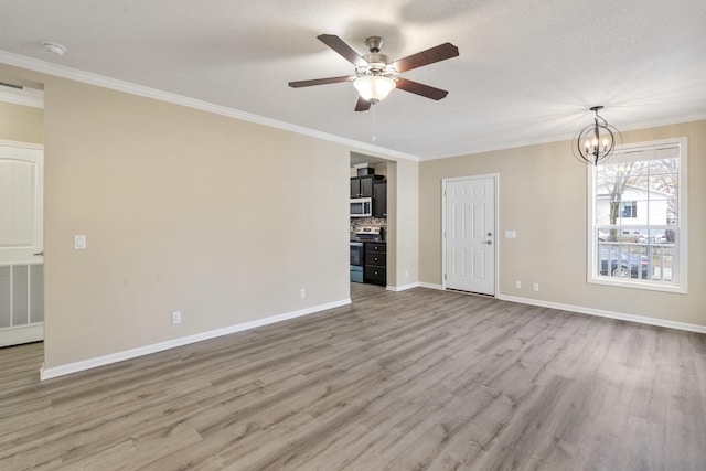 unfurnished living room with a textured ceiling, light hardwood / wood-style floors, ceiling fan with notable chandelier, and ornamental molding