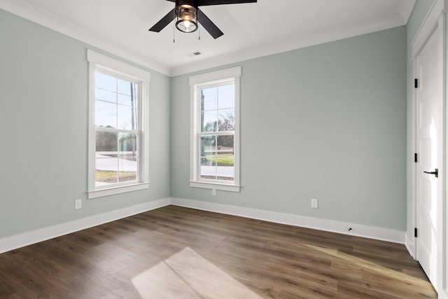 empty room featuring ceiling fan, wood-type flooring, and a wealth of natural light