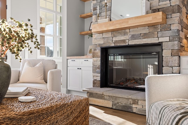 interior space with hardwood / wood-style floors and a stone fireplace