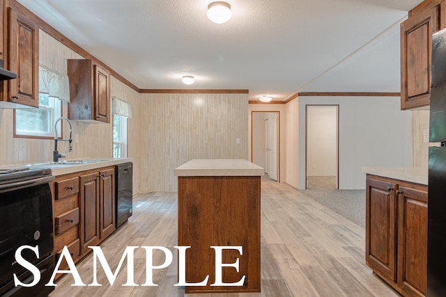 kitchen featuring dishwasher, a center island, light hardwood / wood-style floors, and range