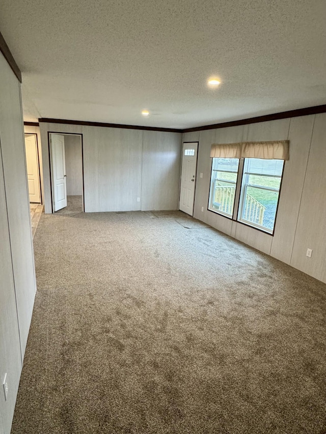 spare room featuring light colored carpet, crown molding, and a textured ceiling