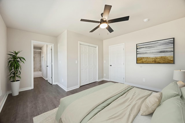 bedroom with dark hardwood / wood-style floors and ceiling fan