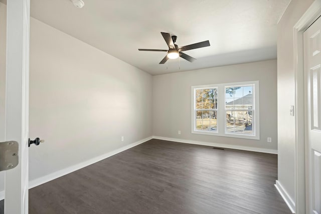 spare room with dark hardwood / wood-style floors and ceiling fan