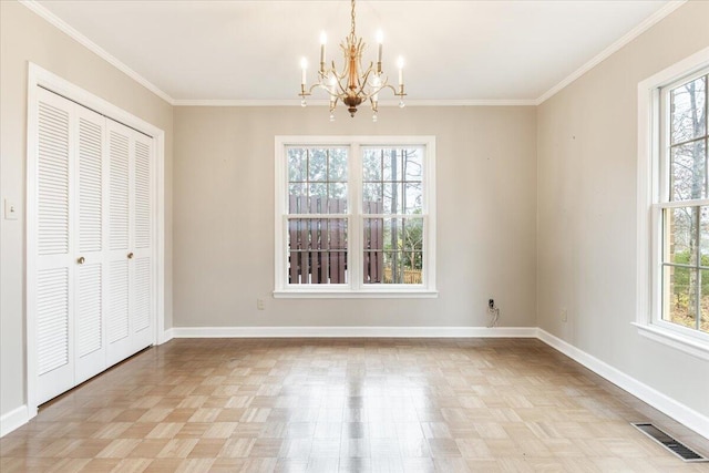 unfurnished dining area featuring ornamental molding, a wealth of natural light, and light parquet floors