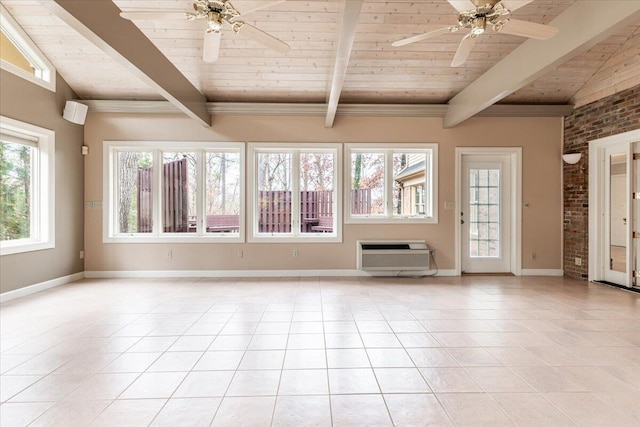 interior space featuring vaulted ceiling with beams, an AC wall unit, and wooden ceiling