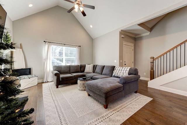 living room featuring high vaulted ceiling, ceiling fan, and dark wood-type flooring