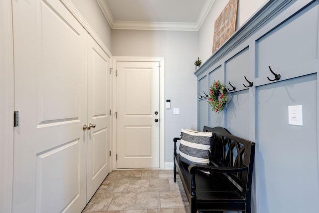 mudroom featuring crown molding