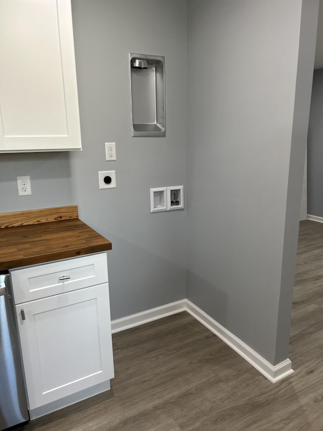 laundry room with electric dryer hookup, dark hardwood / wood-style flooring, and washer hookup