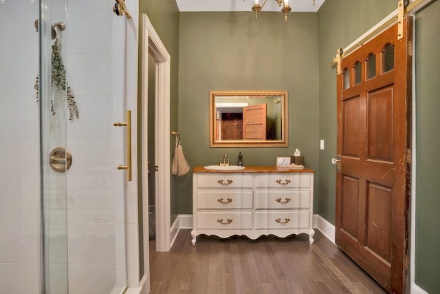 bathroom with wood-type flooring, vanity, and a shower with shower door