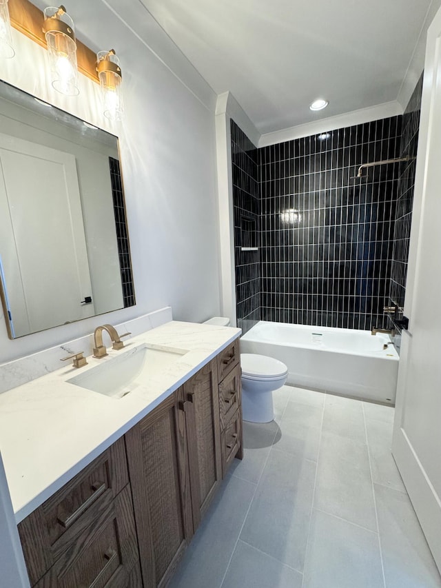 full bathroom with tiled shower / bath combo, tile patterned flooring, crown molding, toilet, and vanity