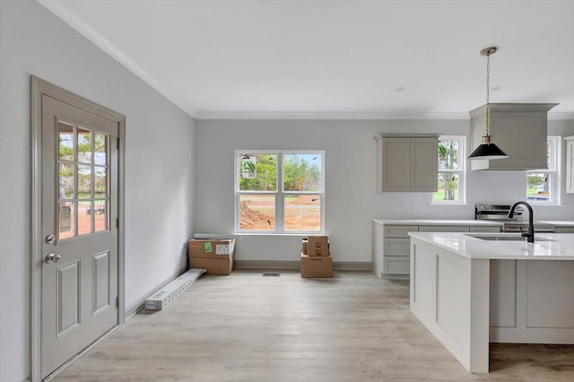 kitchen featuring decorative light fixtures, gray cabinets, a healthy amount of sunlight, and sink