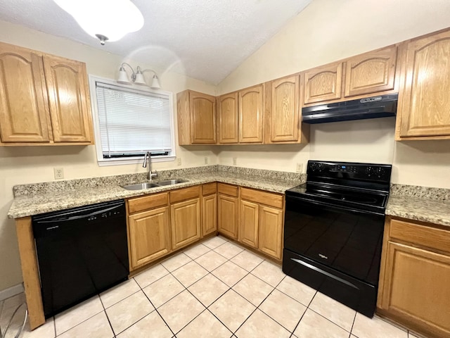 kitchen with light tile patterned flooring, sink, vaulted ceiling, light stone countertops, and black appliances