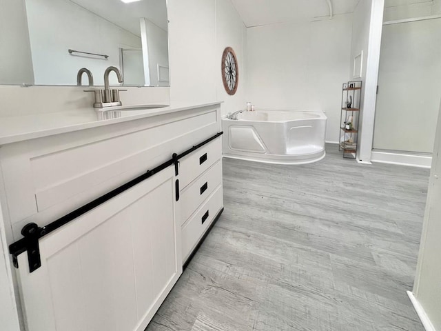 bathroom featuring vanity, wood-type flooring, and independent shower and bath