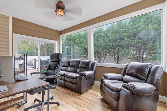 office space with light hardwood / wood-style floors and ceiling fan