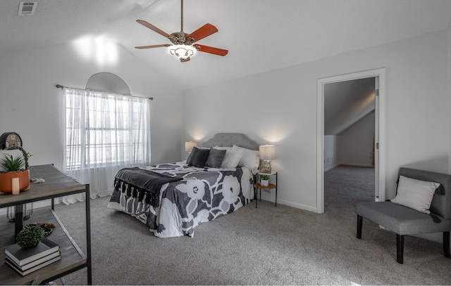 bedroom with carpet, ceiling fan, and lofted ceiling