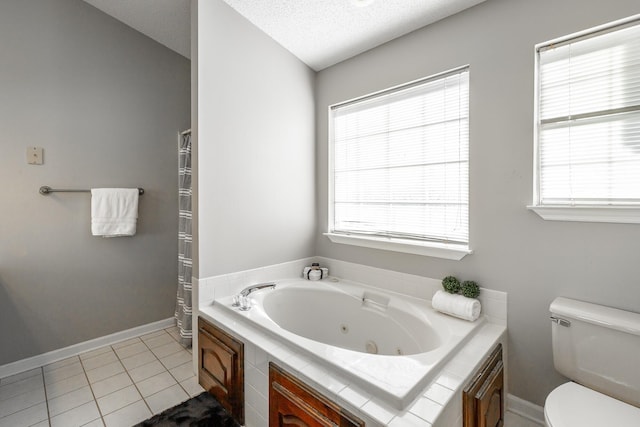 bathroom featuring tile patterned floors, toilet, a textured ceiling, and plus walk in shower