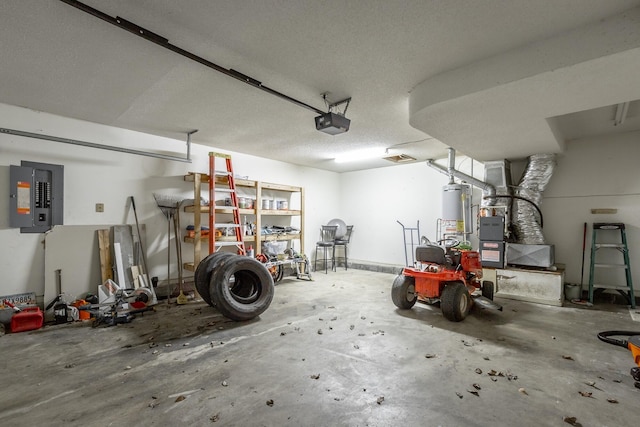 garage featuring electric panel, a garage door opener, and gas water heater