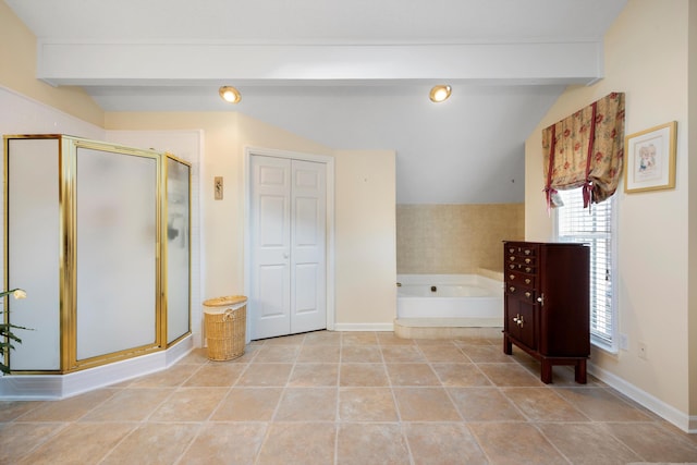 full bathroom with lofted ceiling with beams, a closet, a shower stall, a bath, and tile patterned floors