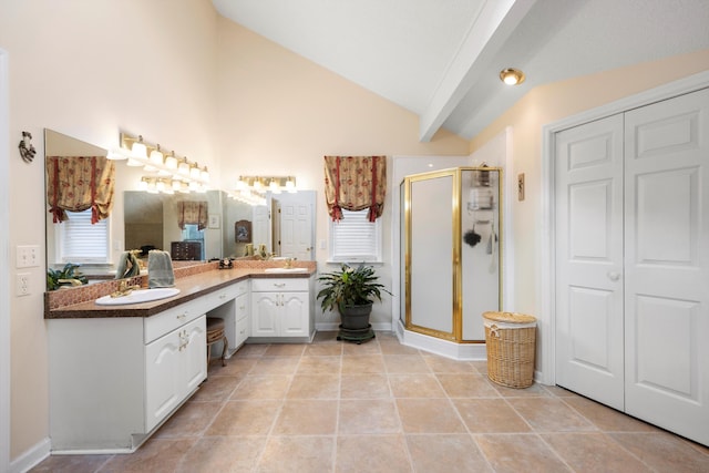 bathroom featuring vaulted ceiling, double vanity, a stall shower, and a sink